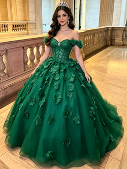 Green Tulle Off the Shoulder 3D Flower Quinceanera Dress