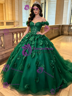 Green Tulle Off the Shoulder 3D Flower Quinceanera Dress