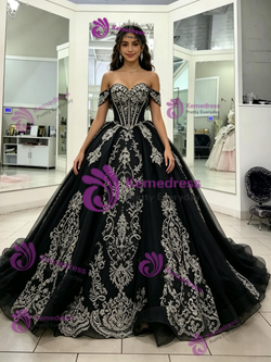 Black Tulle Off the Shoulder Appliques Quinceanera Dress