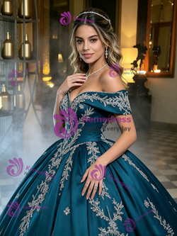 Blue Satin Off the Shoulder Appliques Quinceanera Dress