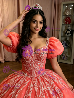 Watermelon Tulle Puff Sleeve Appliques Quinceanera Dress