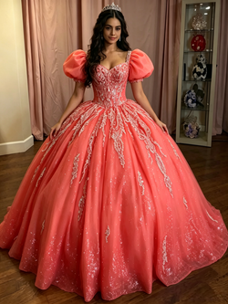 Watermelon Tulle Puff Sleeve Appliques Quinceanera Dress