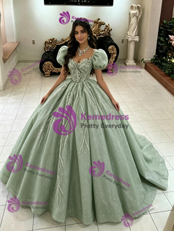 Green Puff Sleeve Sequins Quinceanera Dress