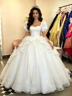 White Tulle Puff Sleeve Quinceanera Dress