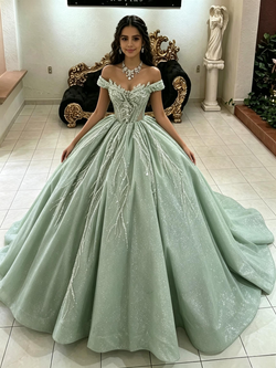 Green Tulle Sequins Off the Shoulder Quinceanera Dress