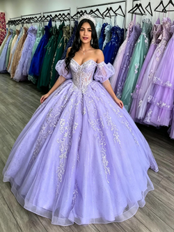 Purple Tulle Puff Sleeve Beading Quinceanera Dress