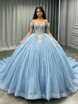 Blue Tulle Off the Shoulder Beading Quinceanera Dress