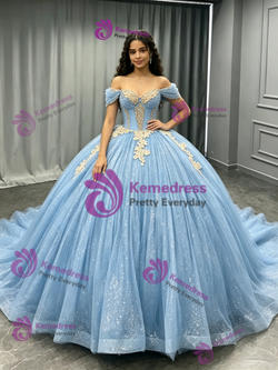 Blue Tulle Off the Shoulder Beading Quinceanera Dress
