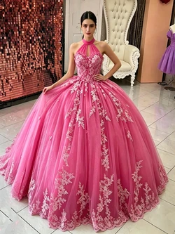 Fuchsia Tulle Halter Appliques Quinceanera Dress