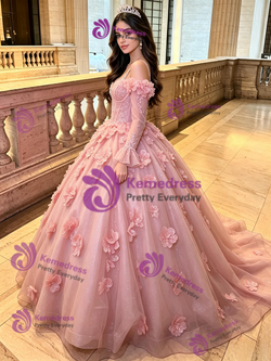 Pink 3D Flower Tulle Long Sleeve Quinceanera Dress