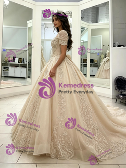 Champagne Tulle Short Sleeve Lace Appliques Quinceanera Dress