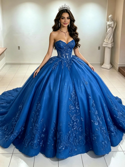 Blue Strapless Appliques Quinceanera Dress