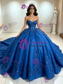 Blue Strapless Appliques Quinceanera Dress