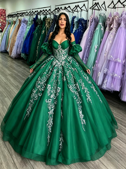 Green Long Sleeve Off the Shoulder Quinceanera Dress
