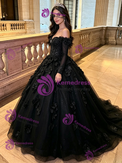 Black Tulle Off the Shoulder 3D Flower Quinceanera Dress