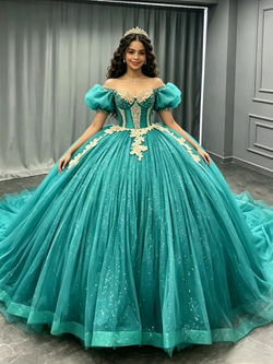 Blue Tulle Puff Sleeve Appliques Quinceanera Dress