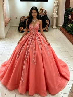 Watermelon Tulle Straps Sequins Quinceanera Dress