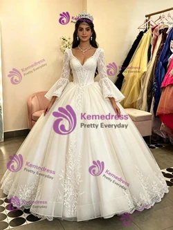 White Tulle V-neck Long Sleeve Quinceanera Dress