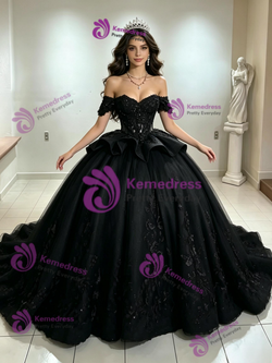 Black Tulle Off the Shoulder Appliques Quinceanera Dress