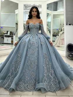 Blue Tulle Off the Shoulder Long Sleeve Quinceanera Dress