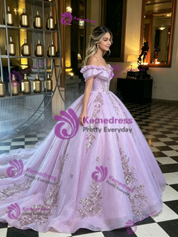 Purple Tulle Off the Shoulder Quinceanera Dress