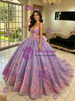 Purple Tulle Straps 3D Flower Quinceanera Dress