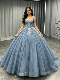 Blue Gray Tulle Sequins Straps Quinceanera Dress
