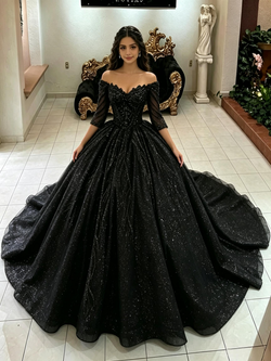 Black Tulle Short Sleeve Quinceanera Dress