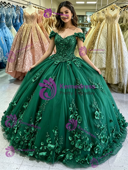 Green Tulle Off the Shoulder Appliques Quinceanera Dress