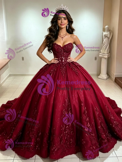 Burgundy Strapless Appliques Quinceanera Dress