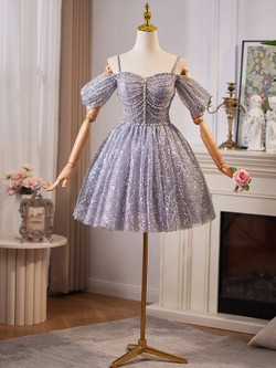 Blue Tulle Sequins Beading Homecoming Dress