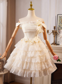 Champagne Lace Tiers Homecoming Dress