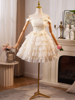 Champagne Lace Tiers Homecoming Dress