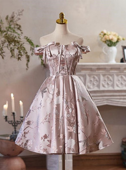 Pink Satin Embroidery Bow Homecoming Dress