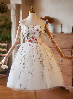 White Tulle Embroidery Pearls Homecoming Dress