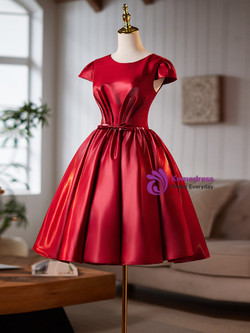 Red Satin Cap Sleeve Pleats Homecoming Dress