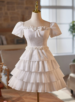 White Puff Sleeve Tiers Homecoming Dress