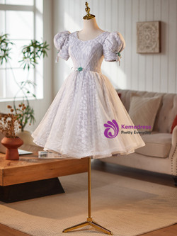 Gray Tulle Puff Sleeve Pearls Homecoming Dress