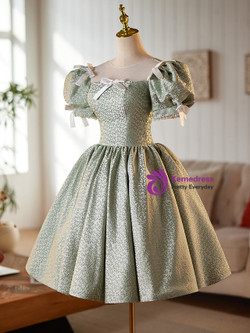 Green Puff Sleeve Bow Homecoming Dress