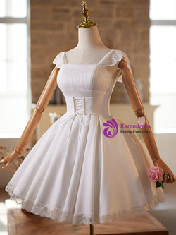 White Satin Lace Straps Wedding Dress