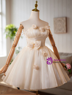 Champagne Tulle Pleats Flower Homecoming Dress