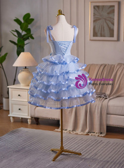 Blue Tulle Straps Bow Tiers Homecoming Dress