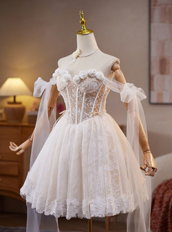 White Lace Off the Shoulder Pearls Homecoming Dress