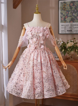Pink Sequins Spaghetti Straps Flower Pleats Homecoming Dress