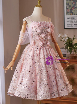 Pink Sequins Spaghetti Straps Flower Pleats Homecoming Dress