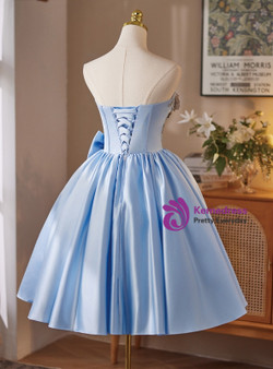 Blue Satin Strapless Sequins Bow Homecoming Dress