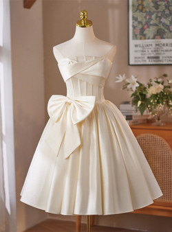 Champagne Satin Strapless Bow Homecoming Dress