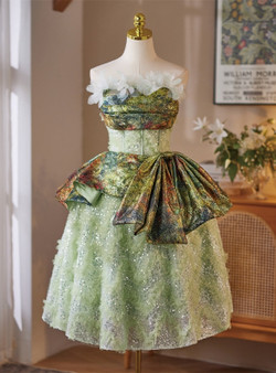 Green Sequins Strapless Flower Homecoming Dress