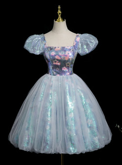 Blue Tulle Sequins Puff Sleeve Homecoming Dress