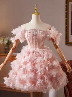 Pink Tulle 3D Flower Beading Crystal Homecoming Dress